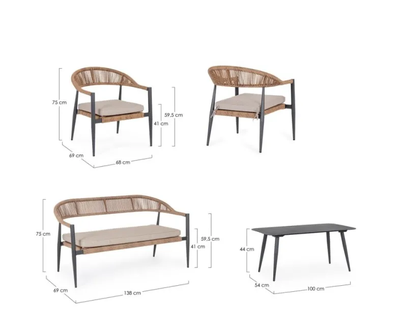 Clearance Bizzotto SET4 SALOTTO C-C JANDIA ANTRACIT/NATURAL